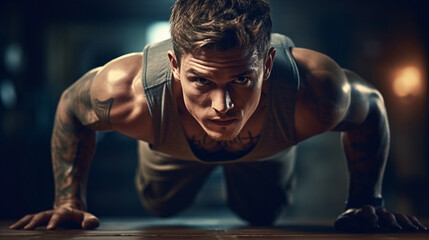 Handsome man doing push ups exercise with hands. Generated AI - obrazy, fototapety, plakaty
