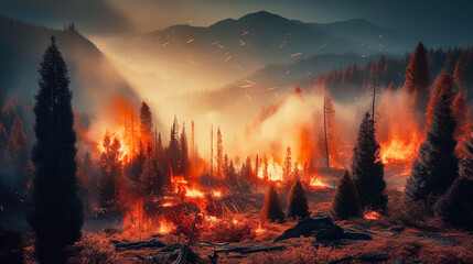 Intense flames from a massive forest fire. Flames light up the night as they rage thru pine forests and sage brush. Generative AI