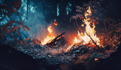 Intense flames from a massive forest fire. Flames light up the night as they rage thru pine forests and sage brush. Generative AI