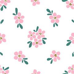 Simple gentle calm seamless floral vector pattern. Light pink flowers, green leaves on a white background. For fabric prints, textiles. Spring-summer collection.