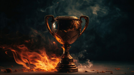 Burning trophy goblet. Winner in a competition. Generated AI