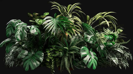 Tropical leaves foliage plants bush floral arrangement nature backdrop on black background Generated AI