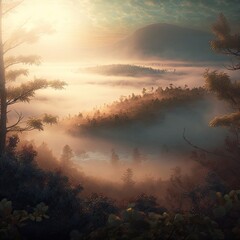 Forest landscape scene in morning with sunlight created with Generative AI