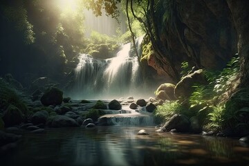 beautiful nature background with waterfall and forest.Generative ai