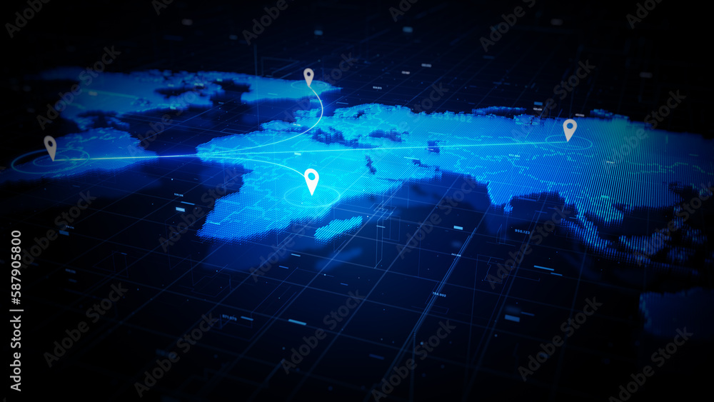 Poster world map with location icon, global communication and location network connection, digital technolo