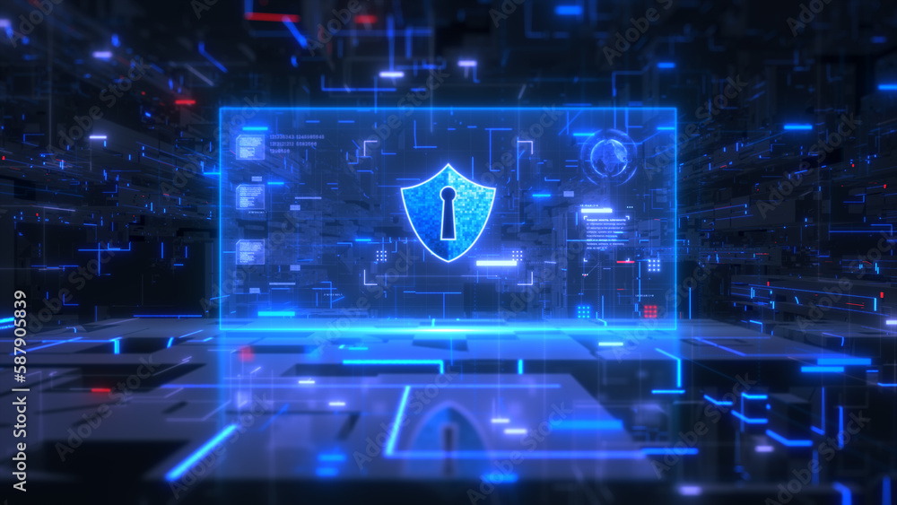 Aufkleber Sci fi shield icon cyber security, Digital data network protection, Future technology digital data network connection background with Geometric shape abstract background, 3d rendering