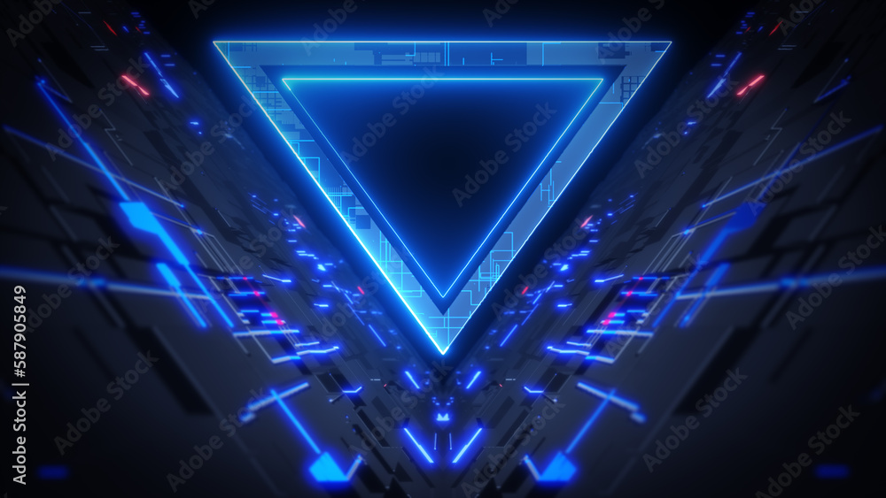 Aufkleber tunnel triangle shape with neon lights and glowing lights ideal for technology sci-fi background, ge