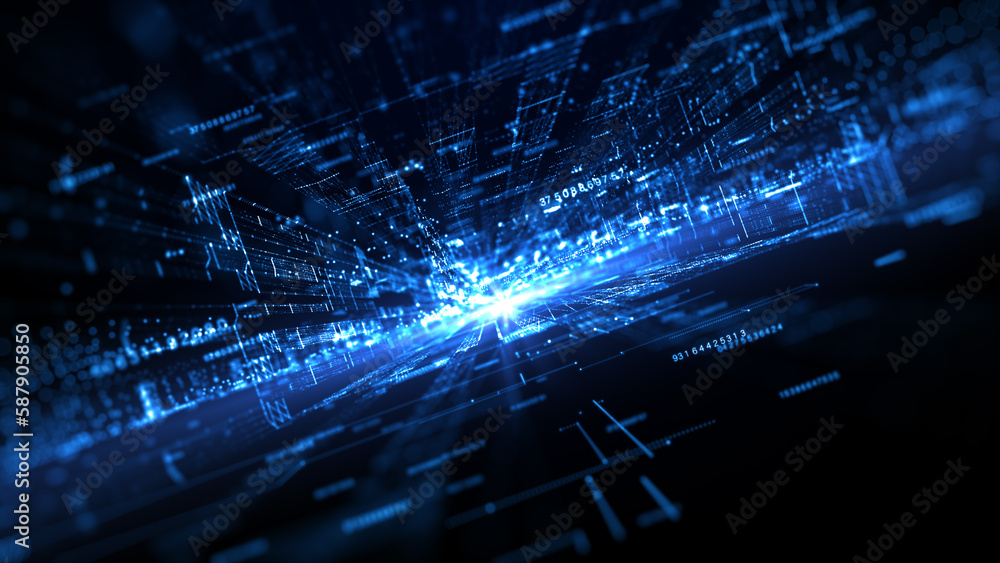 Poster Internet High Speed Connection and Data Analysis Technology Digital Background Concept, Digital Cyberspace with Particles, and Digital Data Network Connections, Abstract Background 3d rendering