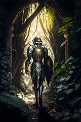 cinematic photo of a knight in detailed engraved jeweled armor entering an ancient thriving green forest temple elven dwarves guilted armor fantasy mystical magical photorealistic dramatic lighting 