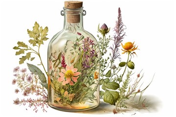 Vintage floral: watercolor Iiiustration of Wildflowers in Whiskey Bottle Vases. 
