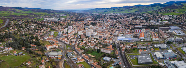Aerial around the city St-Chamond in France on an early morning in spring.