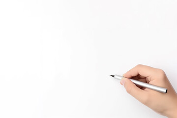 Close-up of hand holding a pen to write on white background. Created with Generative AI Technology