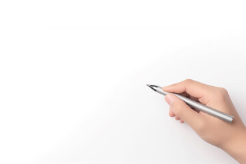 Close-up of hand holding a pen to write on white background. Created with Generative AI Technology