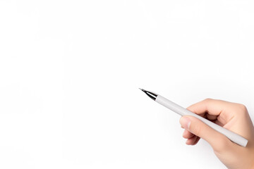 Close-up of hand holding a pen to write on white background. Created with Generative AI Technology