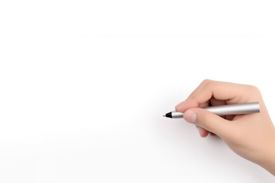 Close-up of hand holding a pen to write on white background. Created with Generative AI Technology
