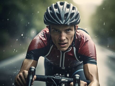 Close Up Face Of A Cyclist, Riding In A Wet Jersey In The Rain, AI Generated