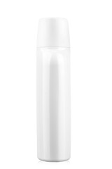 White plastic bottle for shampoo or mouthwash isolated on white background. stands sideways.