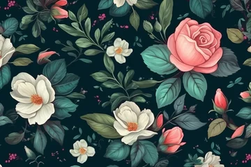 Schilderijen op glas Seamless pattern with spring flowers and leaves. Hand drawn background. floral pattern for wallpaper or fabric. Flower rose. Botanical plates © Daniel
