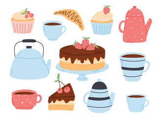 Collection of tea time elements in flat style. Set of isolated items on a white background. Tea set.