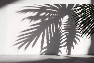 Blurred tropical palm leaf shadow on pink and green wall background for product show, Spring and Summer, Minimal Style, Generative AI.