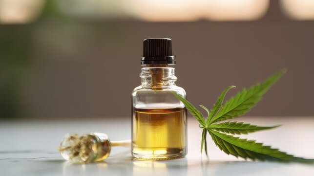 CBD Oil glass bottle with Marijuana leaves , Cannabis liquid, Generative AI Technology
