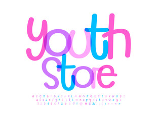 Vector stylish emblem Youth Store. Bright handwritten Font. Transparent watercolor Alphabet Letters, Numbers and Symbols