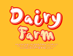 Fototapeta na wymiar Vector creative emblem Dairy Farm. Funny Handwritten Font. Modern bright Alphabet Letters and Numbers set. 