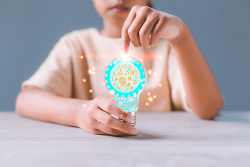 Girl holding light bulb with virtual education graduate and gear icon. E-learning education, smart learning online with brainstorm, study knowledge, creative thinking idea concept.