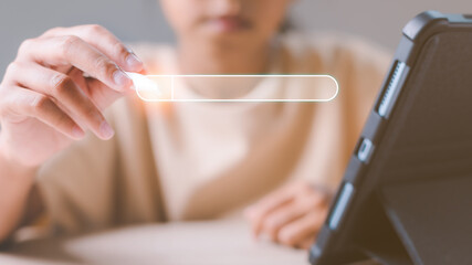 Data search technology browsing Internet data information networking. A girl holding pen touch...