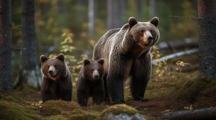 Fototapeta premium Female eurasian brown bear and her cubs in boreal forest. Generative AI