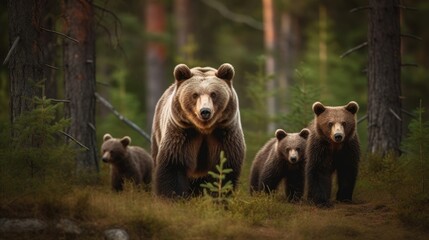 Female eurasian brown bear and her cubs in boreal forest. Generative AI