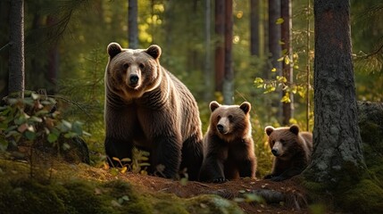 Female eurasian brown bear and her cubs in boreal forest. Generative AI - obrazy, fototapety, plakaty
