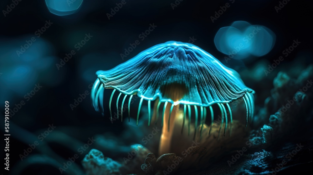 Poster a close up of a blue mushroom on a black background with a blurry light in the middle of the image a