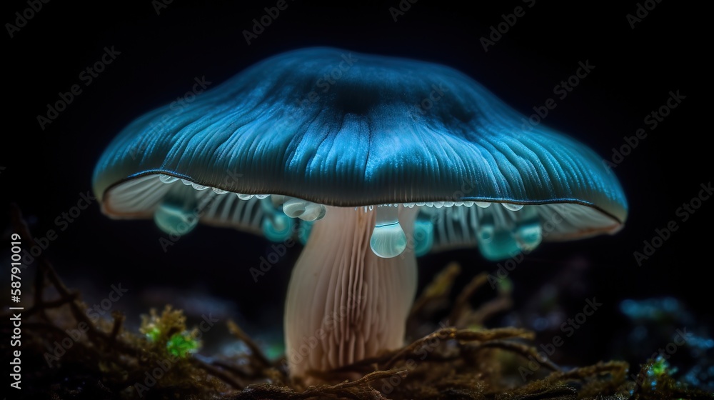 Aufkleber a close up of a blue mushroom on a dark background with water droplets on the top of the mushroom an
