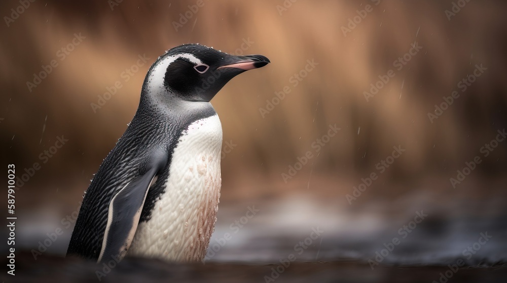 Poster a penguin standing in the rain with its head turned to the side and it's eyes open and it's head tur