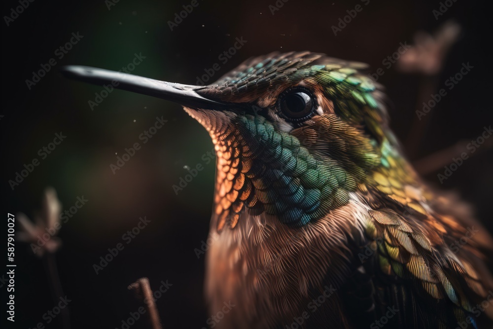 Poster a colorful bird with a long beak and a long beak is standing in front of a flower and a dark backgro