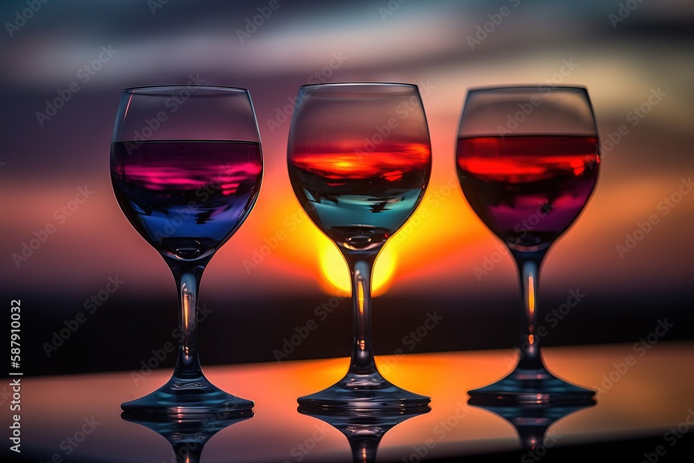 Poster three wine glasses with different colored liquid in them on a table with a sunset in the background 