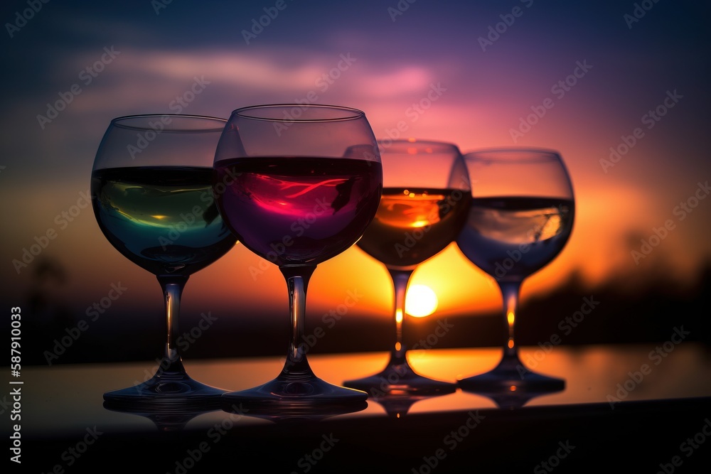 Poster three glasses of wine are sitting on a table with a sunset in the backgrouf of the picture and a sun