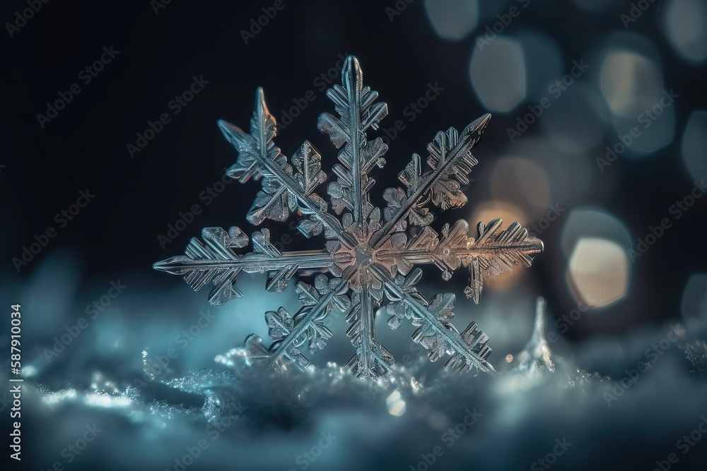 Poster a snowflake is shown in the dark with a blurry background of snow flakes and boke of lights in the b