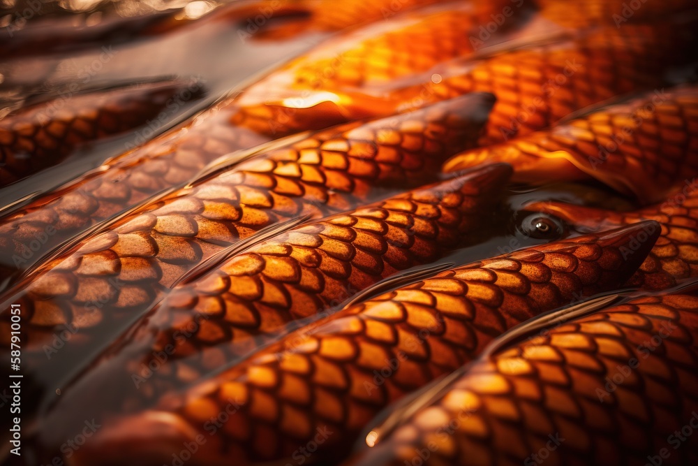 Poster a close up of a bunch of fish in a body of water with a light shining on them and a few fish in the 
