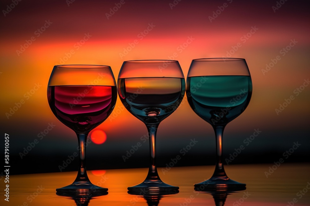 Poster three wine glasses with different colored liquids sitting on a table with the sun setting in the bac
