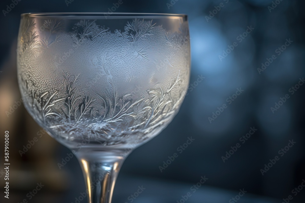 Poster a clear glass with a pattern on it sitting on a table top next to a bottle of wine and a glass vase 