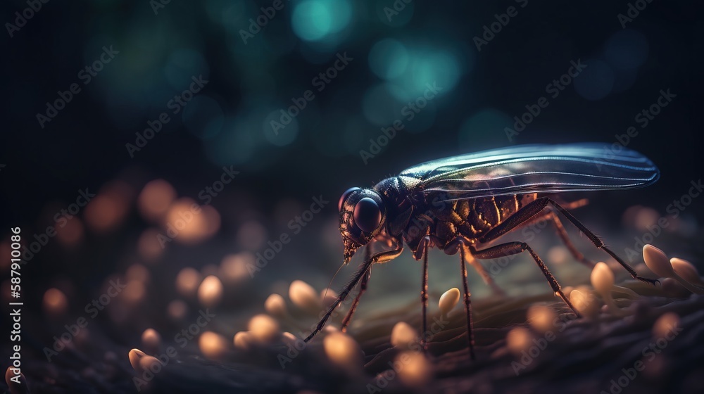 Poster a close up of a fly on a bed of eggs with a blurry background of eggs in the foreground and a blurry