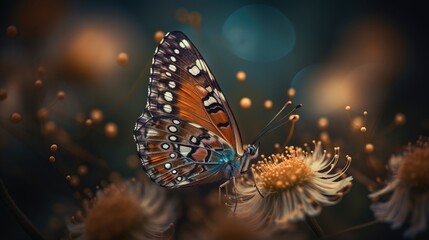 Fototapeta na wymiar a butterfly sitting on top of a flower next to a blue sky and some white and brown flowers and a blurry light in the background. generative ai