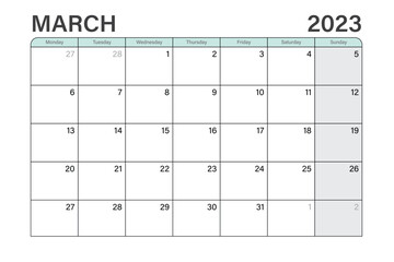 2023 March illustration vector desk calendar or planner weeks start on Monday in light green and gray theme