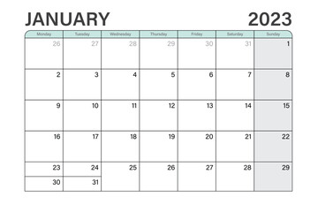 2023 January illustration vector desk calendar or planner weeks start on Monday in light green and gray theme