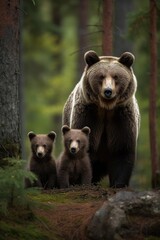 Fototapeta na wymiar Female eurasian brown bear and her cubs in boreal forest. Generative AI