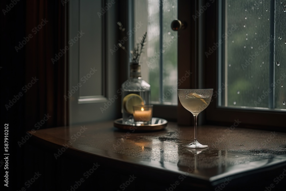Poster a glass of wine sitting on a table next to a bottle of wine and a vase with flowers on it and a cand