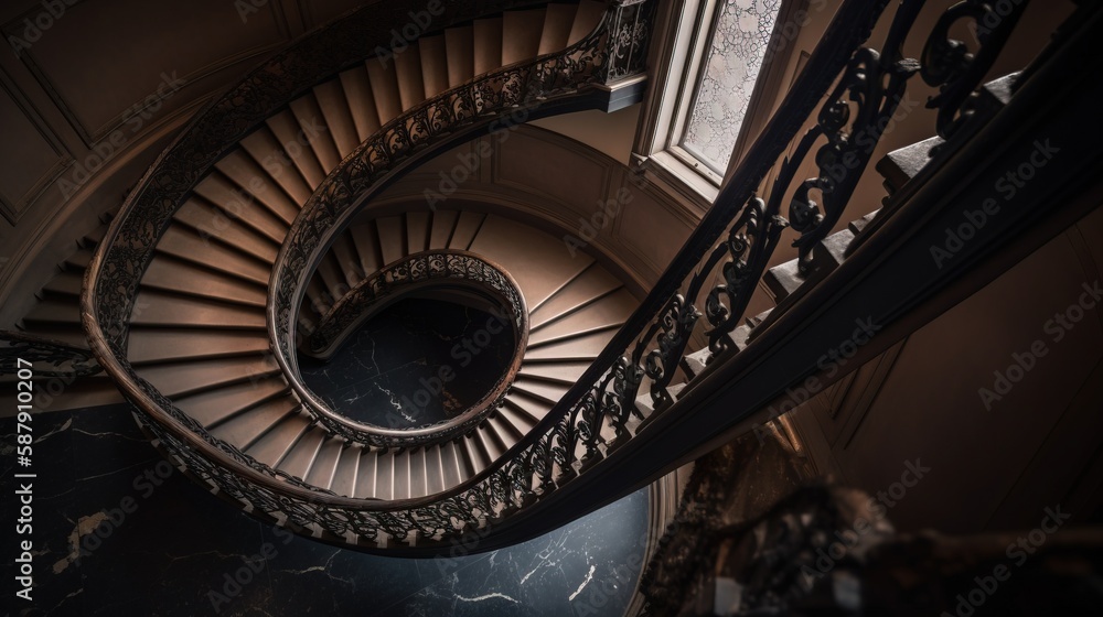 Poster a spiral staircase in a building with a window above it and a door on the side of the stair way to t