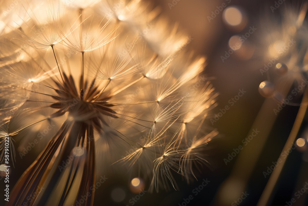 Poster  a close up of a dandelion with drops of water on it's petals and a blurry background of the dandelion.  generative ai